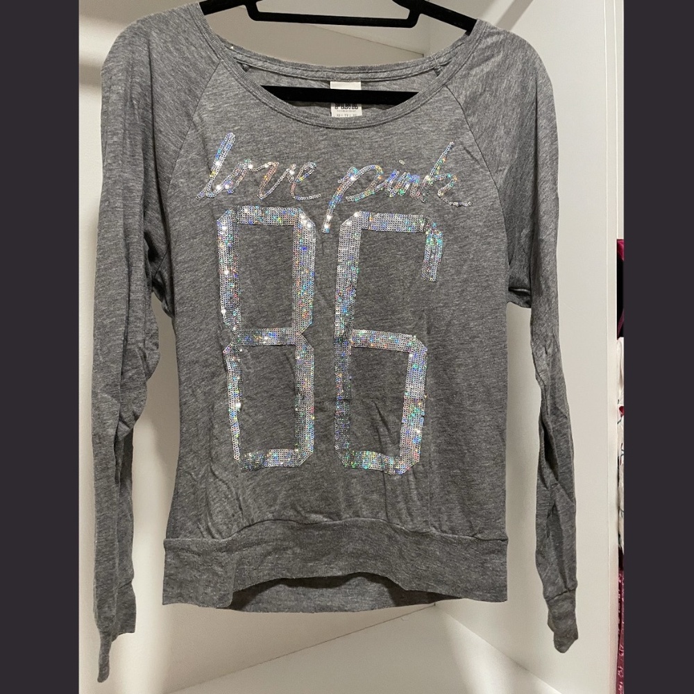 PINK by Victoria's Secret gray long-sleeve with "86" silver sequin graphic